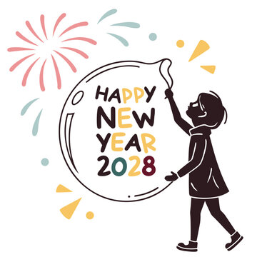 A stylized illustration depicts a child holding a speech bubble with happy new year 2028 amidst festive fireworks high quality