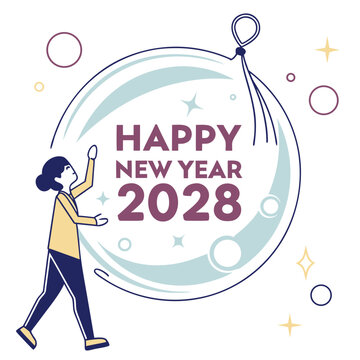 A stylized illustration depicts a person reaching toward a large transparent bubble containing the text happy new year 2028