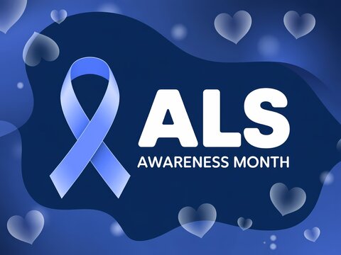 Als awareness month banner with blue ribbon and hearts on a dark blue background