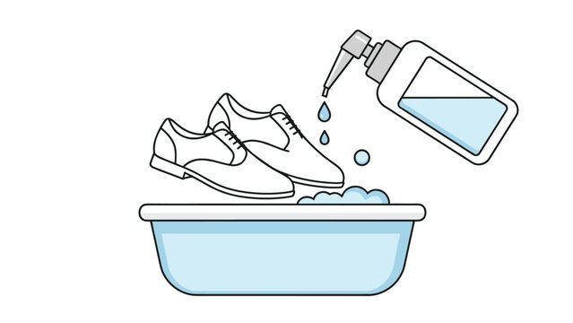 Blue cleaning liquid is poured from a dispenser bottle onto a pair of white shoes in a tub for an effective and thorough washing routine.