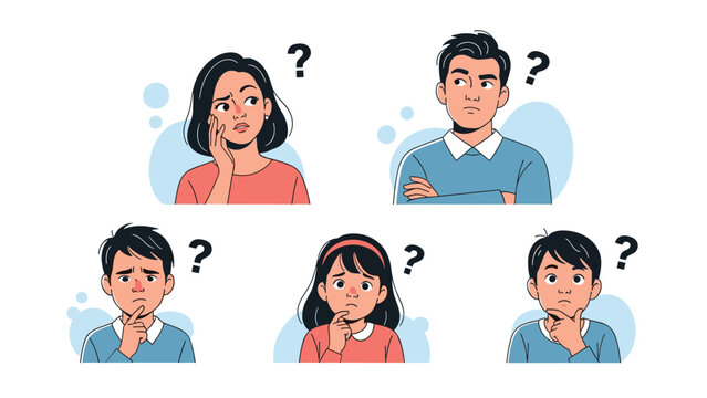 Group of diverse people including men women and children looking confused while thinking about difficult questions or problems.