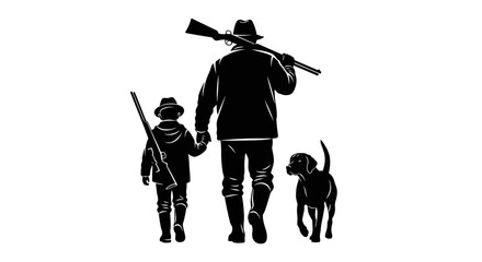Hunter and child with dog walking together in a silhouette. © dinda