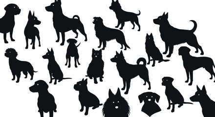 Silhouettes of various dog breeds in different poses. © Dika