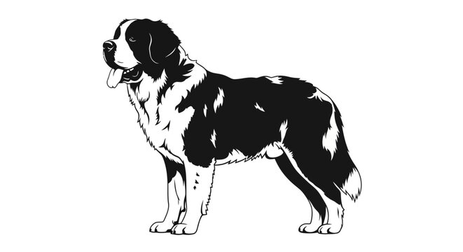 Majestic Saint Bernard dog standing proudly in black and white.