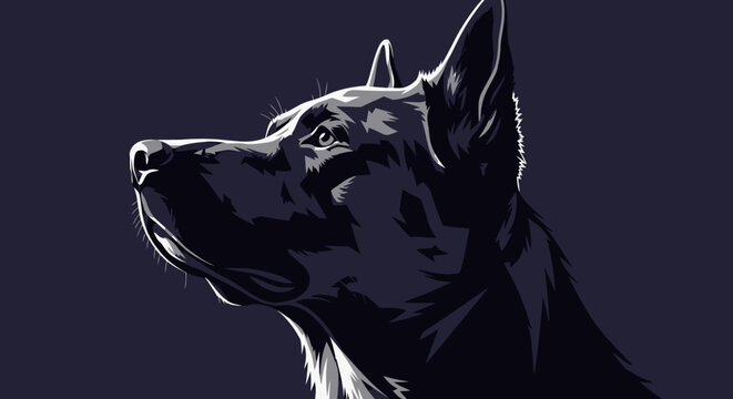 Powerful profile of a majestic dark dog looking up.
