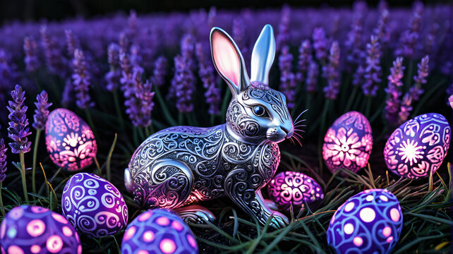 Filigraner silberner Hase im Blumenfeld