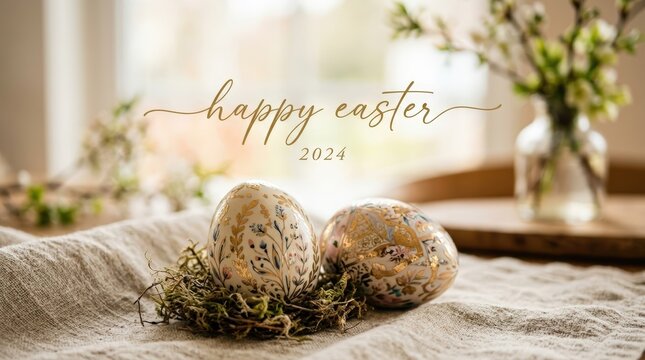 Festive Easter Eggs with Spring Flowers for Holiday Greetings 2024