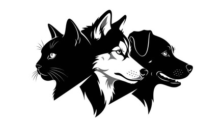 Three animal heads in profile featuring a cat a husky and a dog in a graphic art style. © Dika