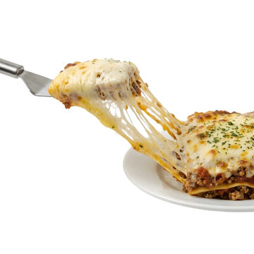 Melting Cheese Stretch Pull from Hot Dish Isolated on White Background Delicious Gooey Food Photography