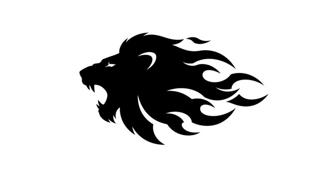 Powerful roaring lion head with fiery mane silhouette design.