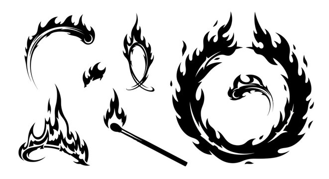 Set of black and white fire flames and a burning matchstick.