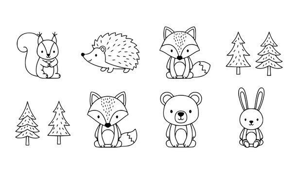 Minimal line art cute forest animals vector children illustration set