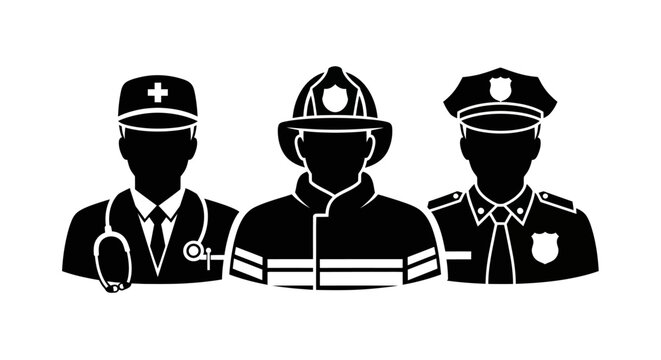 Silhouettes of essential workers including a doctor, firefighter, and police officer.