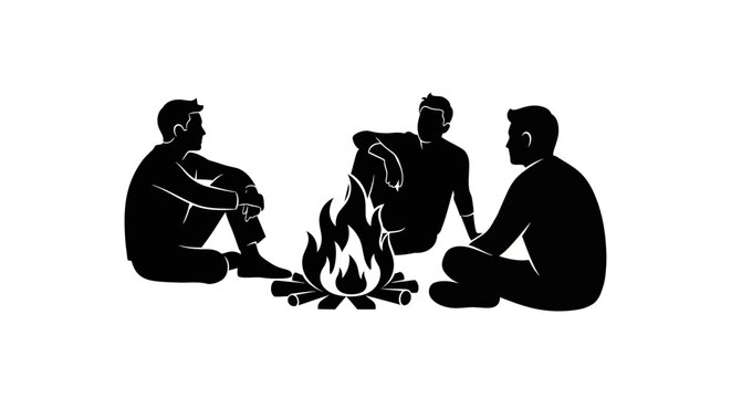 Three friends gather around a warm campfire at night.