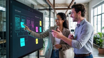 Fototapeta premium Two professionals collaborate on a UX/UI design project using a digital touchscreen display, showcasing wireframe diagrams and colorful sticky notes in a modern office environment with large windows