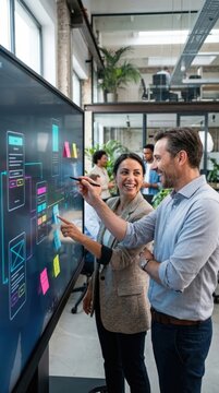 Business professionals collaborating on digital interface design using a touchscreen display with colorful sticky notes in a modern office space featuring plants and glass partitions