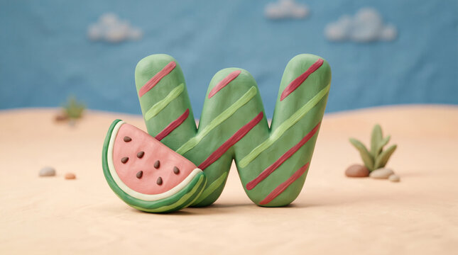 Playful 3D alphabet illustration featuring letter W styled with watermelon elements. Bright and engaging design perfect for kids learning, phonics, and educational materials.