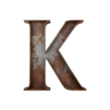 Rusted metal letter K isolated on transparent background industrial grunge weathered texture. png