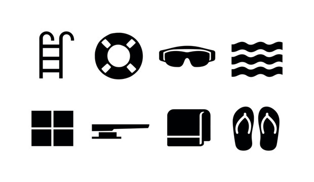 Swimming pool: pool ladder, lifebuoy, swim goggles, water wave, pool tiles, diving board, towel, flip flops
