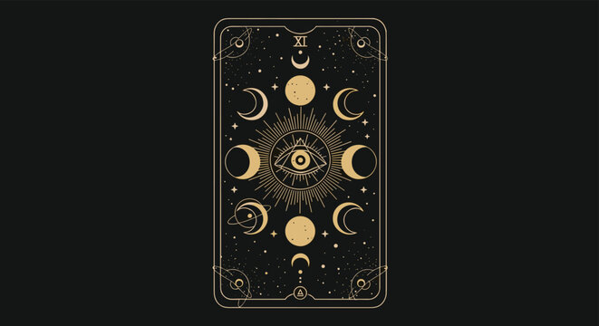 Celestial tarot card design with moon phases stars and all seeing eye symbol in gold on dark background for spiritual practice.
