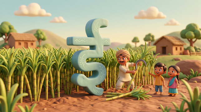 Engaging Hindi alphabet scene showing letter ई in a lush sugarcane field with children exploring. Ideal for rural learning and cultural education visuals.