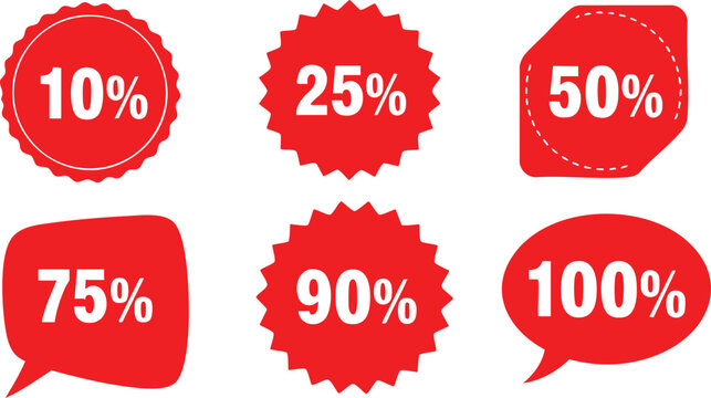 Colorful discount badges and labels 10 to 100 off sales promotions