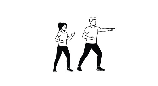 A clean black and white line drawing of a man and a woman performing synchronized lunges or martial arts exercises rests on a minimalist white background.