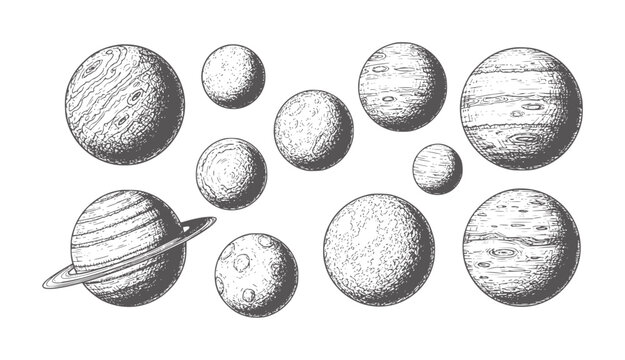 Black and white hand drawn of various planets with textures astronomy space handdrawn