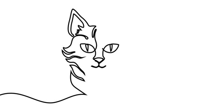 Continuous one line cat drawing art outline illustration draw paw. Cat drawing one line pet animal heart single kitten silhouette simple poster lineart footprint abstract print logo vector veterinary.