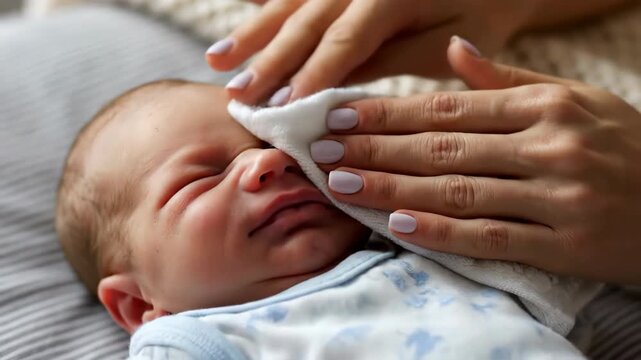 Close-up of a newborn baby's face contorted in a cry against a soft white blanket and striped pillow. Natural light highlights the infant's emotional expression.