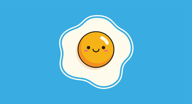 Happy cartoon fried egg character with smiling face on blue background representing breakfast food and healthy eating concept.