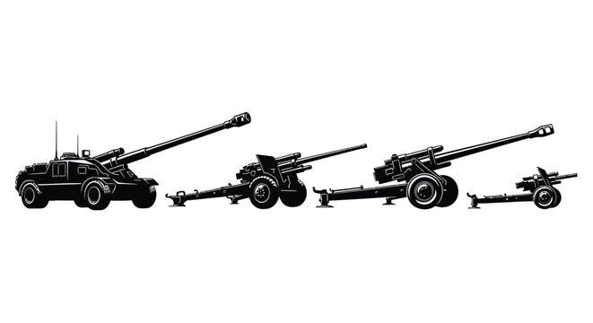 Three self propelled howitzers depicted in a striking black silhouette high quality