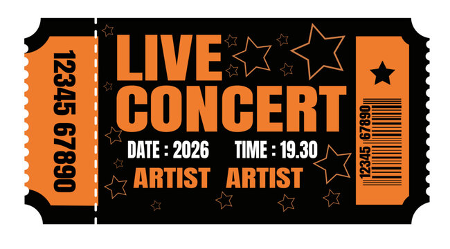 Live concert ticket vector template, orange and black event pass with stars and barcode, music festival admission stub with serial numbers