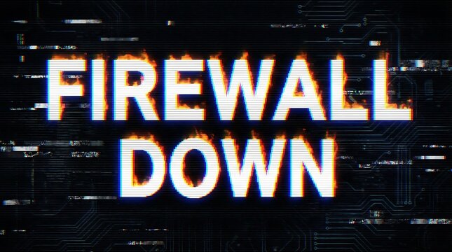 White text F I R E W A L D O W N engulfed in flames with digital glitch effect firewall