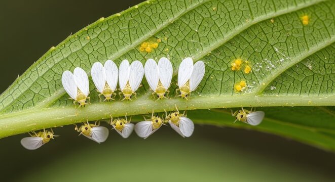 Close-up view of whiteflies on leaf showing detailed features and textures, capturing their small size and clusters. Close-up of whiteflies demonstrates importance in ecosystems.