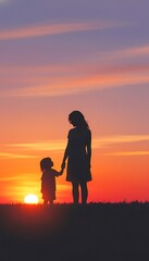 Obraz premium Silhouette of a mother and child holding hands at sunset