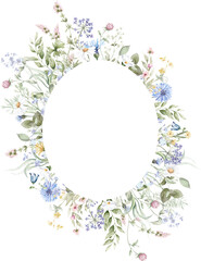 Naklejka premium Wildflowers border, watercolor illustration. Floral Background for wedding invitation, card design. Mother's Day, Birthday, Valentine's day decoration. Pastel small flowers with delicate stems