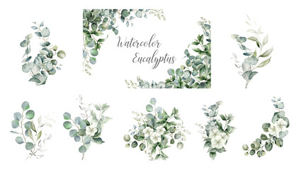 Eucalyptus leaves corner border. Watercolor illustration isolated on white. Greenery clipart for wedding invitation, greeting cards, save the date, stationery design. Hand drawn green herbs  © Nataliya Kunitsyna