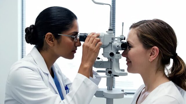 An optometrist performs an eye exam using a slit lamp microscope on a female patient in a brightly lit clinic. Medical equipment and healthcare setting.