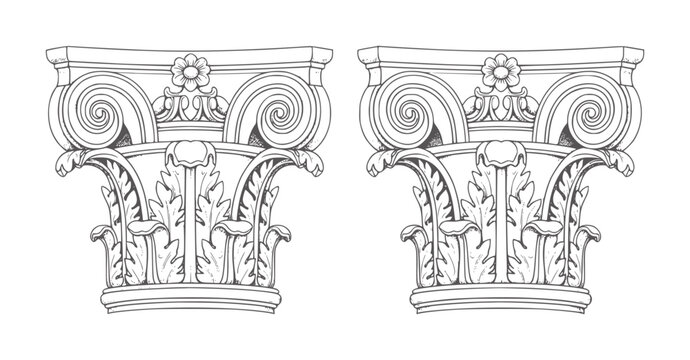 Two ornate Corinthian column capitals with floral and scroll details