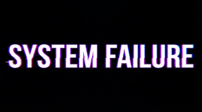 White text system failure with glitch effect on black background error