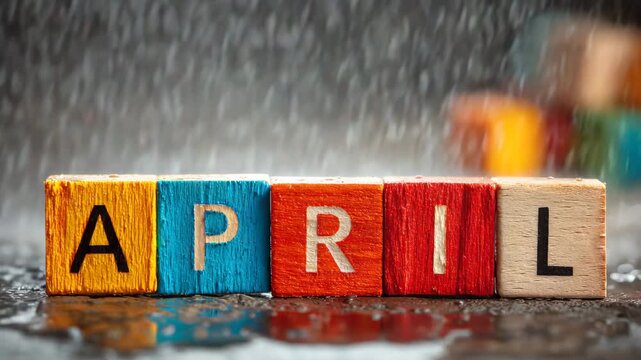 A vibrant text "April" crafted from vivid wooden blocks with crisp focus bright lighting and a defocused background inspired by mild spring rain and fresh seasonal tones