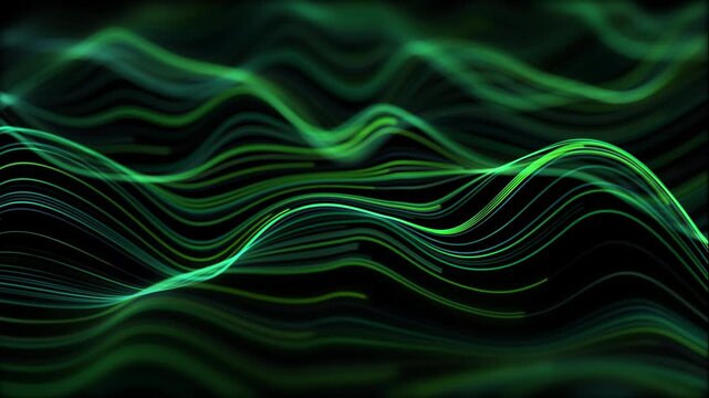 Green sound waves frequency on black background. Neon glowing audio waveform graph flowing smoothly, audio visualizer, sound analyzer screen, digital data wave, futuristic hi tech loop, 4K 60fps