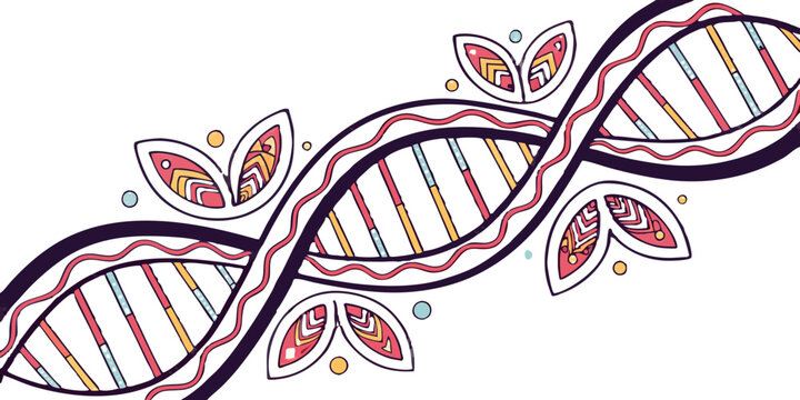 Flat line illustration of a stylized DNA double helix with colorful geometric patterns representing genetics and biotechnolog