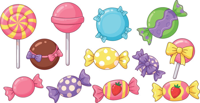 Colorful candy and lollipop vector set with sweet treats, wrapped candies, fruity flavors and cute dessert collection illustration isolated