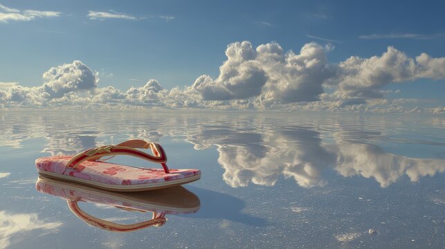 Colorful flip flop on tranquil reflective surface.