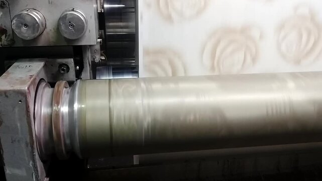 The video shows a photo wallpaper printing machine creating rose-shaped patterns on rolls of paper. The machine operates efficiently, applying ink to the material in a factory-like environment.