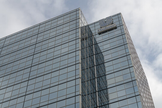 skyline sign atop Unilever Canada, a business center, located at 160 Bloor St E, Toronto