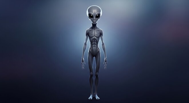 Alien Grey extraterrestrial humanoid figure standing isolated on a dark background, sci-fi concept