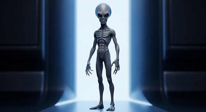 A realistic alien stands in a futuristic hallway with blue lighting